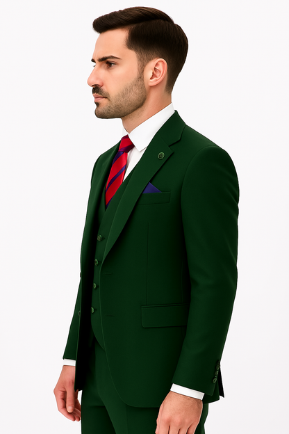 Mens One Button Peak Lapel Double Breasted Vest Wool Suit in Hunter Green