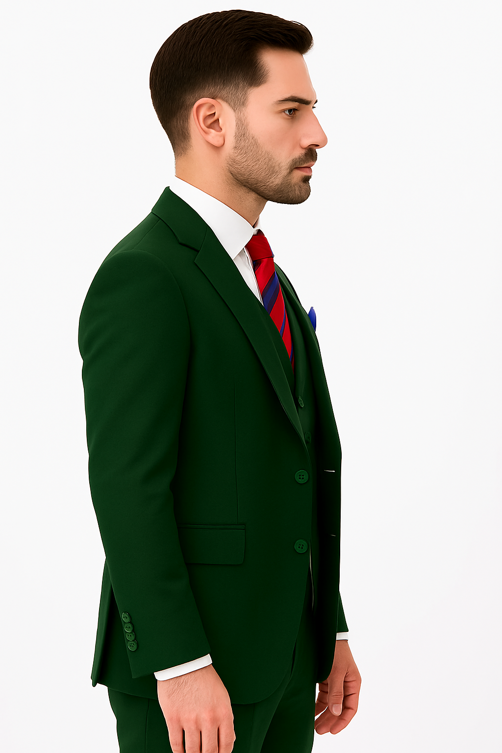 Mens One Button Peak Lapel Double Breasted Vest Wool Suit in Hunter Green