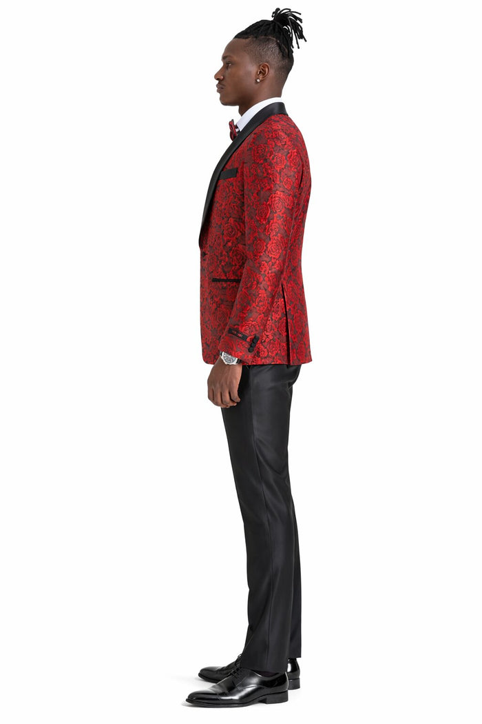 Men's One Button Slim Fit Shiny Paisely Floral Vested  Prom Tuxedo In Red