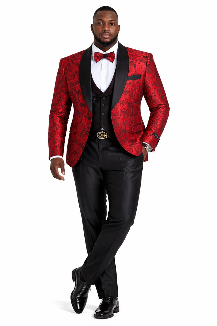 Men's One Button Slim Fit Shiny Paisely Floral Vested  Prom Tuxedo In Red