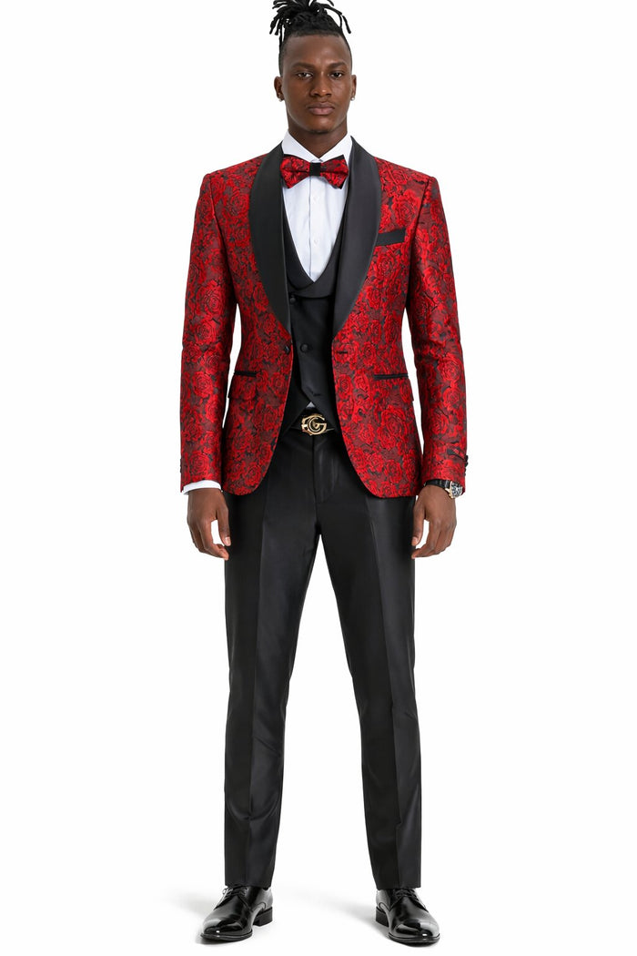 Men's One Button Slim Fit Shiny Paisely Floral Vested  Prom Tuxedo In Red