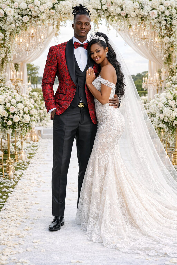 Men's One Button Slim Fit Shiny Paisely Floral Vested  Prom Tuxedo In Red