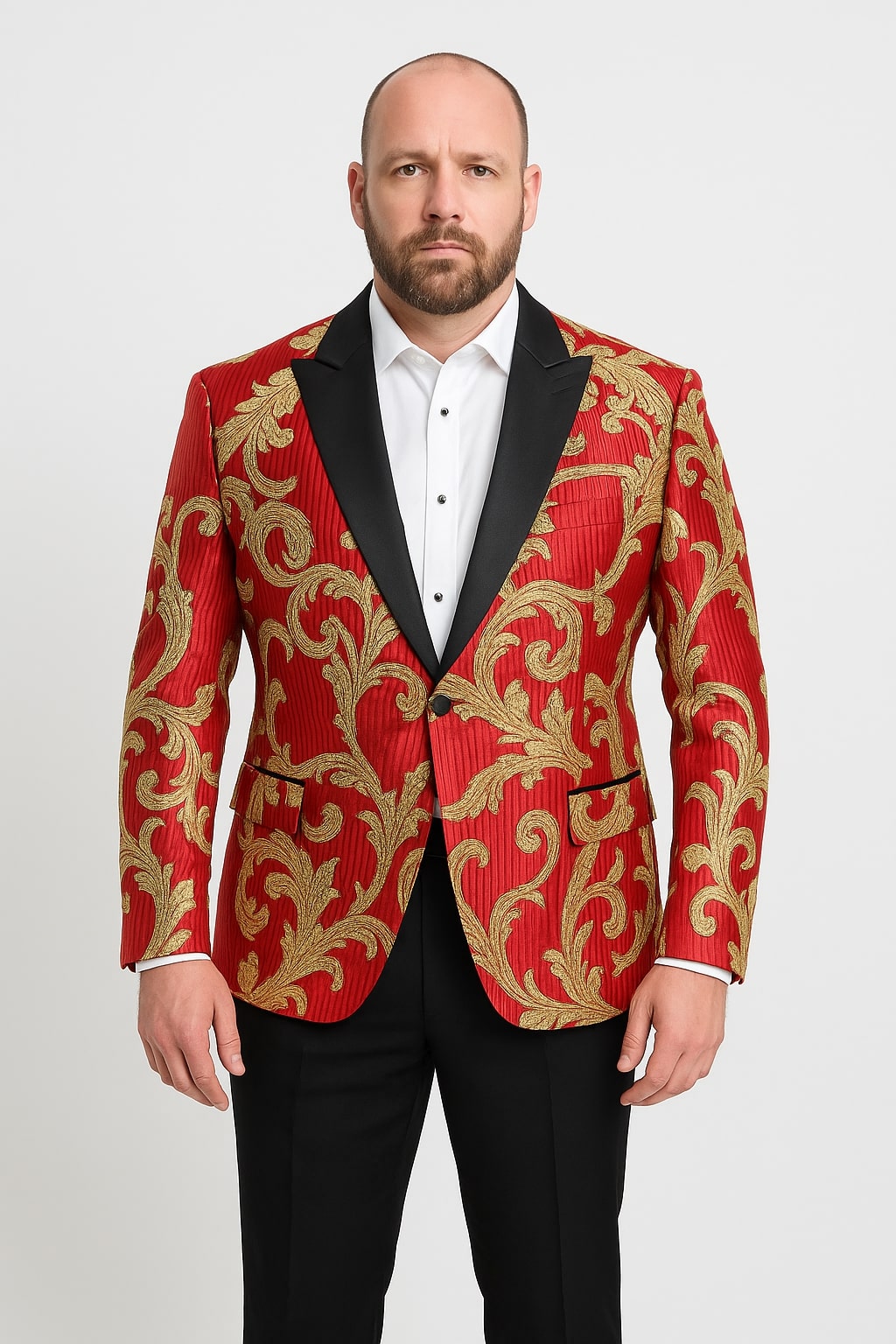 Mens Red and Gold Embroidered Tuxedo Blazer  Baroque Style One Button Dinner Jacket with Black Satin Lapel