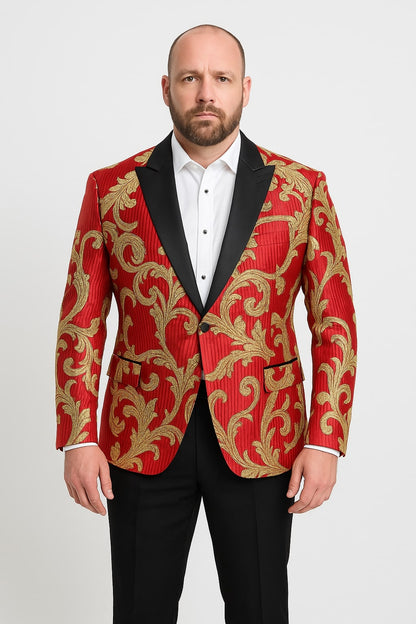 Mens Red and Gold Embroidered Tuxedo Blazer  Baroque Style One Button Dinner Jacket with Black Satin Lapel