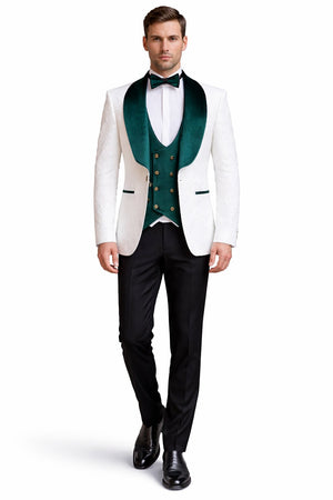 Mens Groom Wedding Shawl Collar - Paisley Green Velvet 4pc Suit W/ Matching Bowtie
