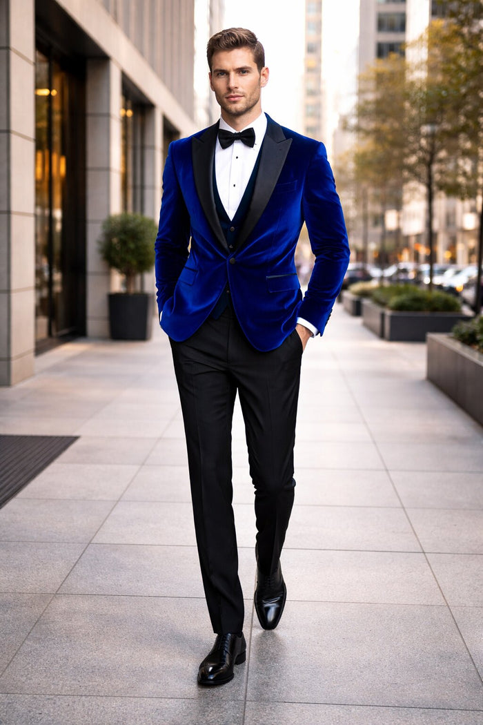 Men's Designer Velvet Tuxedo Dinner Jacket in Dark Royal Blue Big and Tall Prom Tuxedos