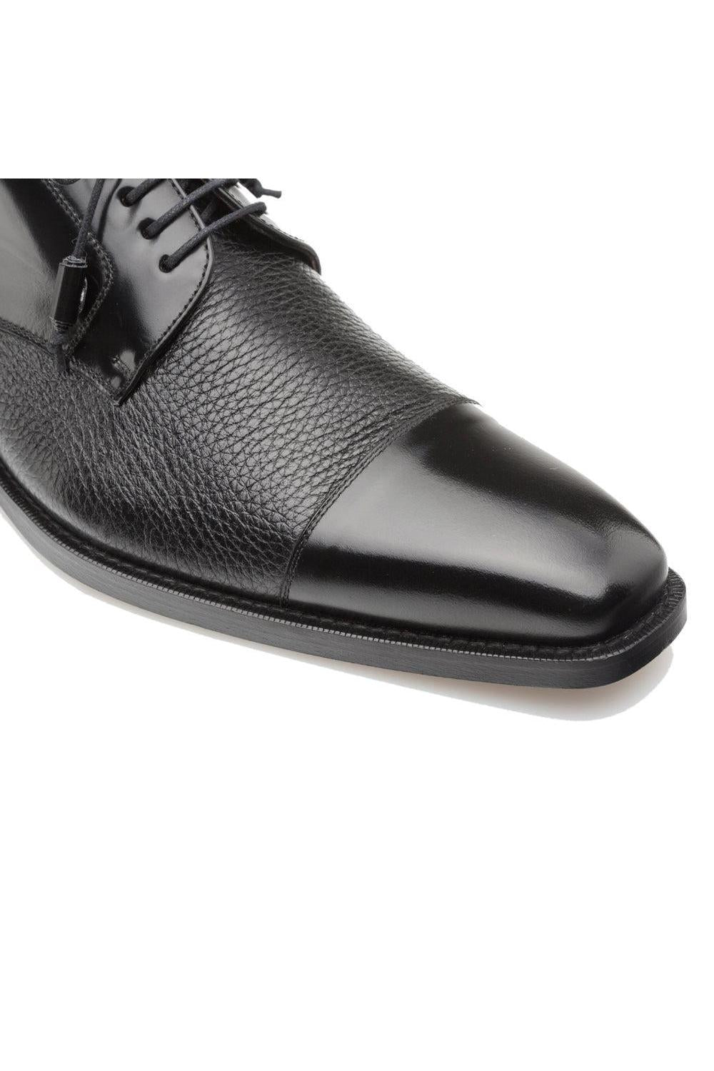 Mens Mezlan Cap-Toe Dress Lace-Up Blending Supple Textured Deerskin And Polished Calfskin With An Elegant Tassel Detail In Color Black