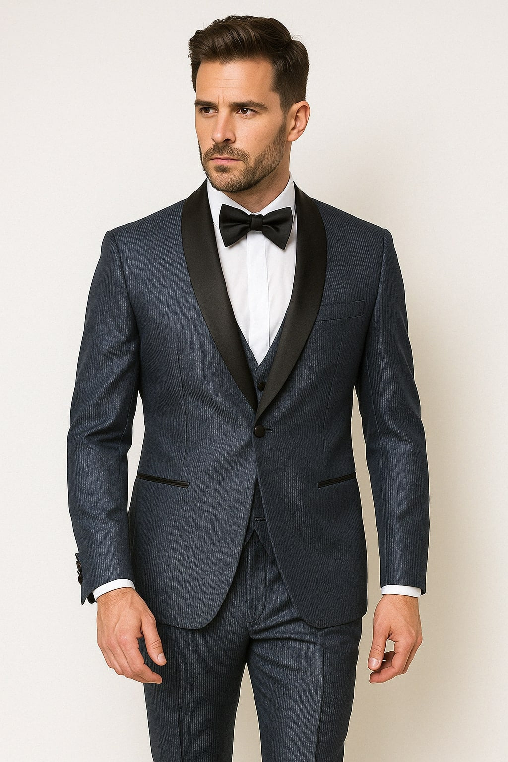 Mens Midnight Blue Stripe Tuxedo Jacket with Black Satin Shawl Lapel  Shiny Formal Party Suit