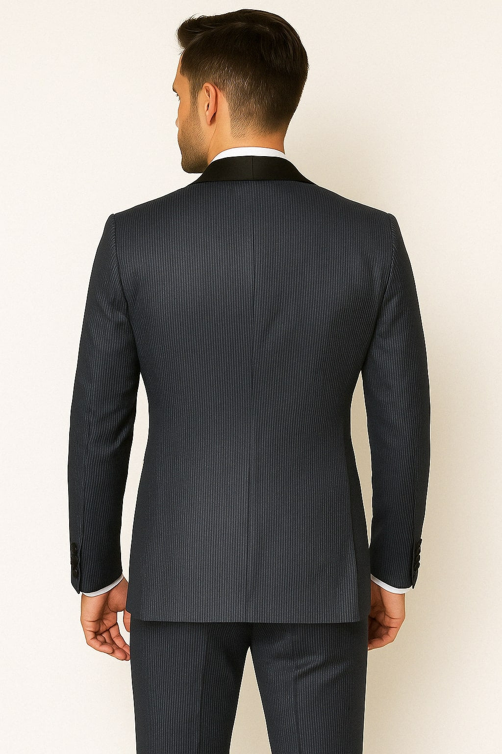 Mens Midnight Blue Stripe Tuxedo Jacket with Black Satin Shawl Lapel  Shiny Formal Party Suit