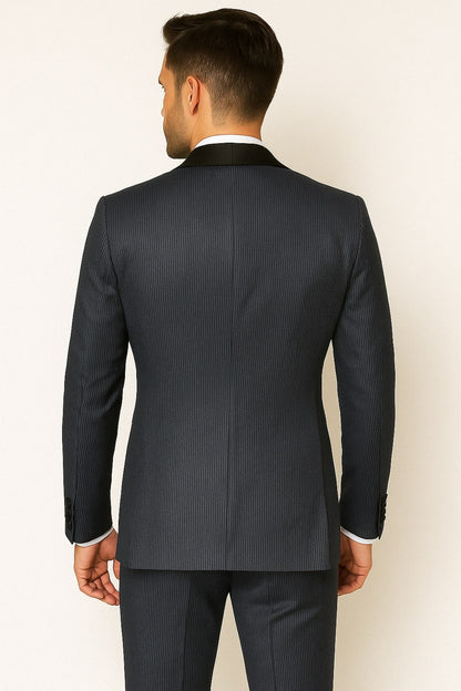 Mens Midnight Blue Stripe Tuxedo Jacket with Black Satin Shawl Lapel  Shiny Formal Party Suit