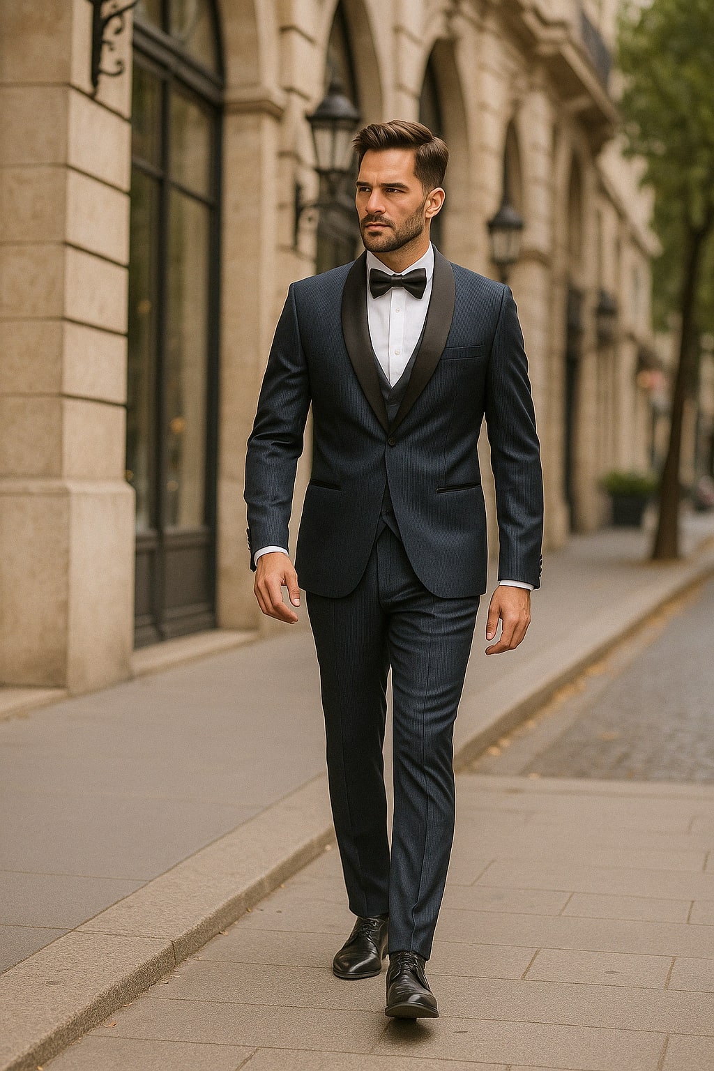 Mens Midnight Blue Stripe Tuxedo Jacket with Black Satin Shawl Lapel  Shiny Formal Party Suit