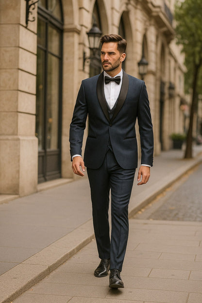Mens Midnight Blue Stripe Tuxedo Jacket with Black Satin Shawl Lapel  Shiny Formal Party Suit