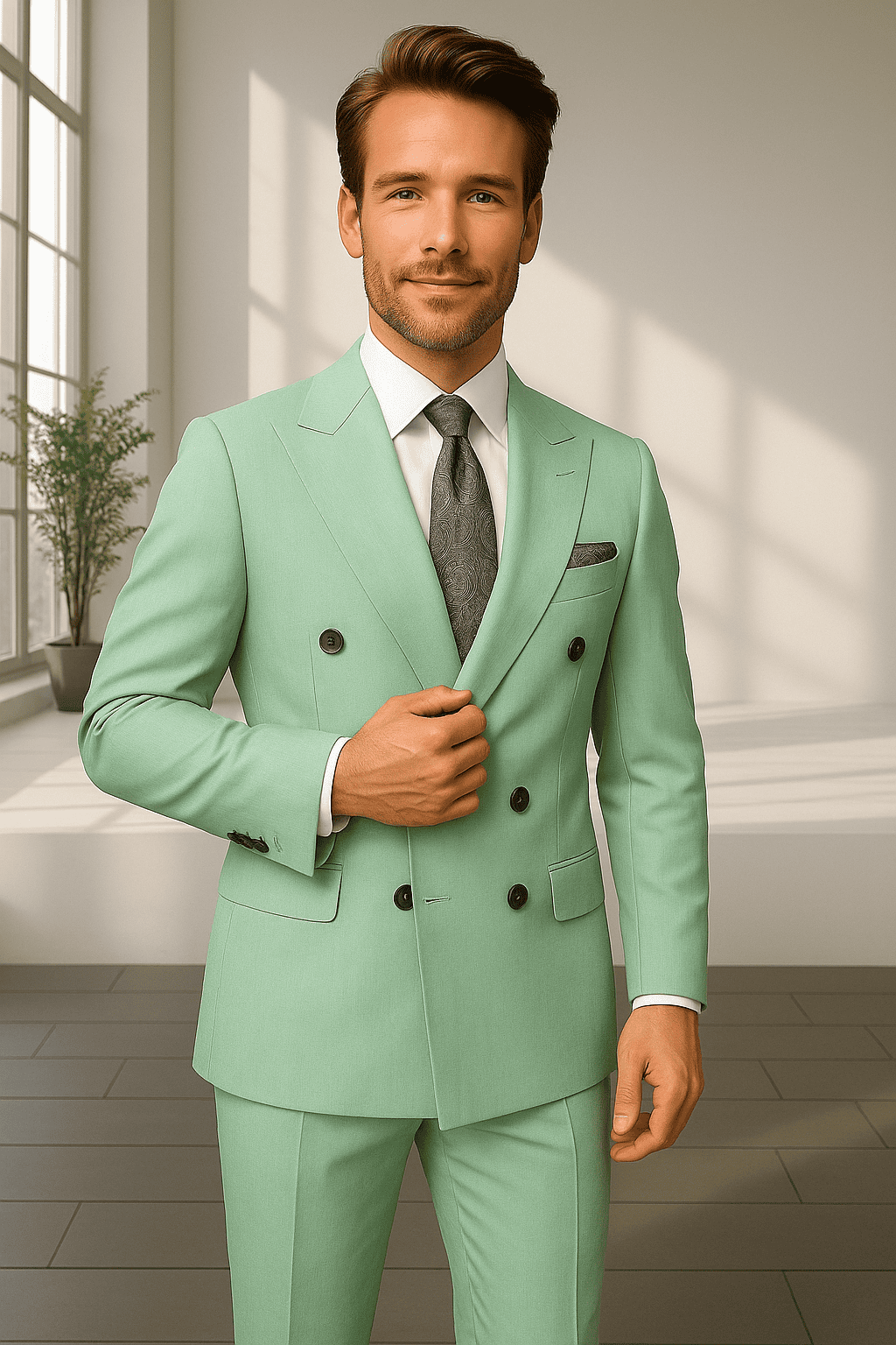 Wool Suit - Italian Made Business Suit by Statement Men's 2 Piece 100% Wool Double Breasted Suit - Pinstripe Pattern