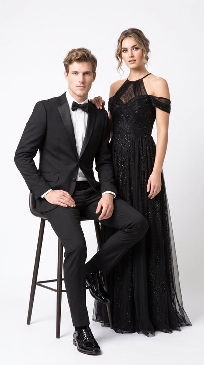 Men’s Black Wool Tuxedo Suit, 2 Button Modern Fit Formal Wedding Prom Tuxedo