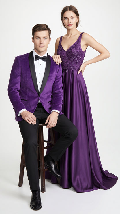 Men’s Purple Velvet Tuxedo Dinner Jacket – One Button Black Shawl Lapel Formal Blazer for Prom, Wedding and Party