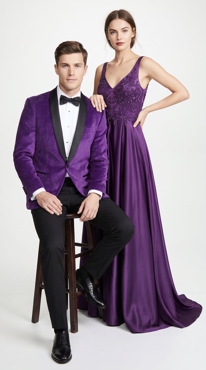 Men’s Purple Velvet Tuxedo Dinner Jacket – One Button Black Shawl Lapel Formal Blazer for Prom, Wedding and Party