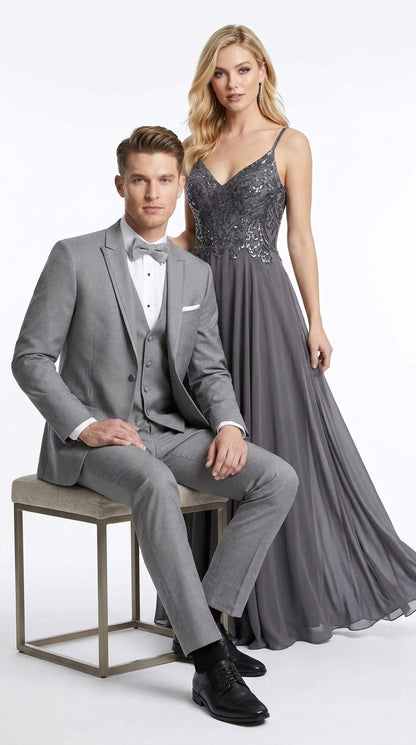 Men’s Light Grey Wedding Tuxedo Suit, Designer Formal Prom Groom Suit with Satin Trim