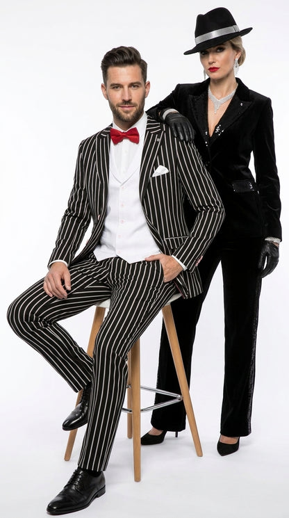 Men’s Black 1920s Bold Pinstripe Gangster Suit with Vest, Vintage Formal Party Dress Suit