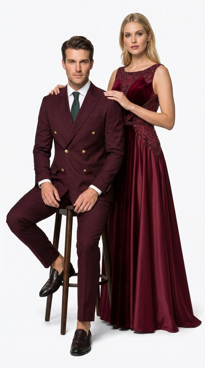 Men’s Burgundy Slim Fit Double Breasted Suit with Gold Buttons, Designer Formal Wedding Suit