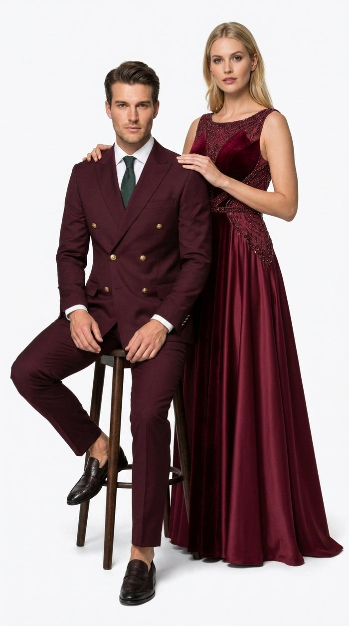 Men’s Burgundy Slim Fit Double Breasted Suit with Gold Buttons, Designer Formal Wedding Suit