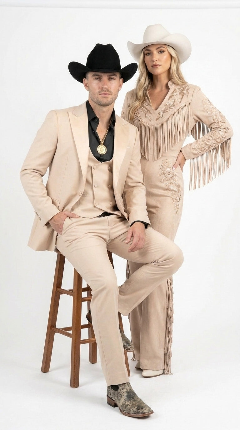 Men’s Light Beige Western 3 Piece Suit, Cowboy Tuxedo with Shawl Lapel