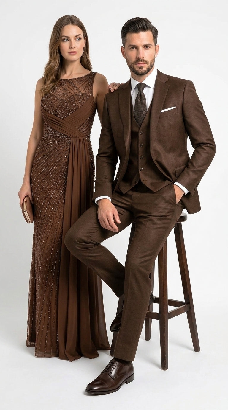 Men’s Chocolate Brown One Button Tuxedo Suit, Formal Groom Wedding Prom Dinner Suit
