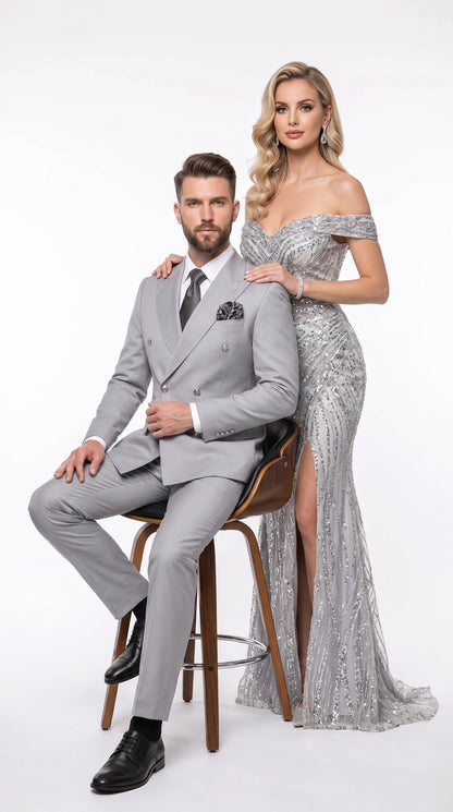 Rossi Man Men’s Silver Double Breasted Suit, Modern Fit Formal Wedding Prom Business Suit