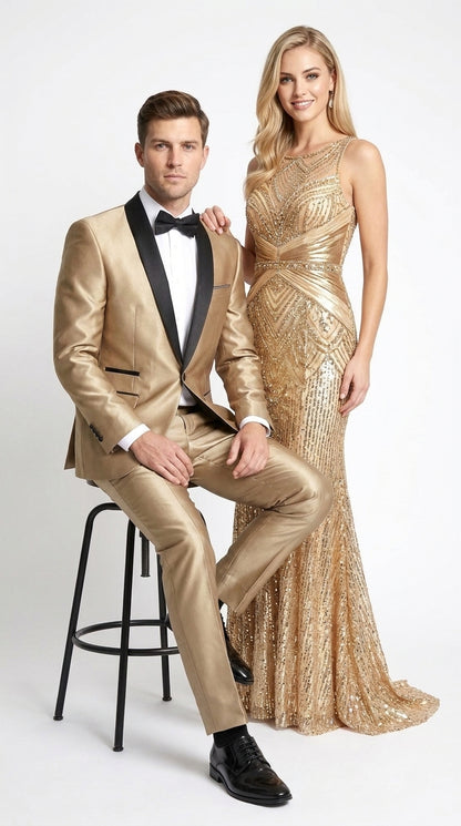 Men’s Champagne 2-Piece Tuxedo Suit with Black Shawl Lapel – Wedding & Prom