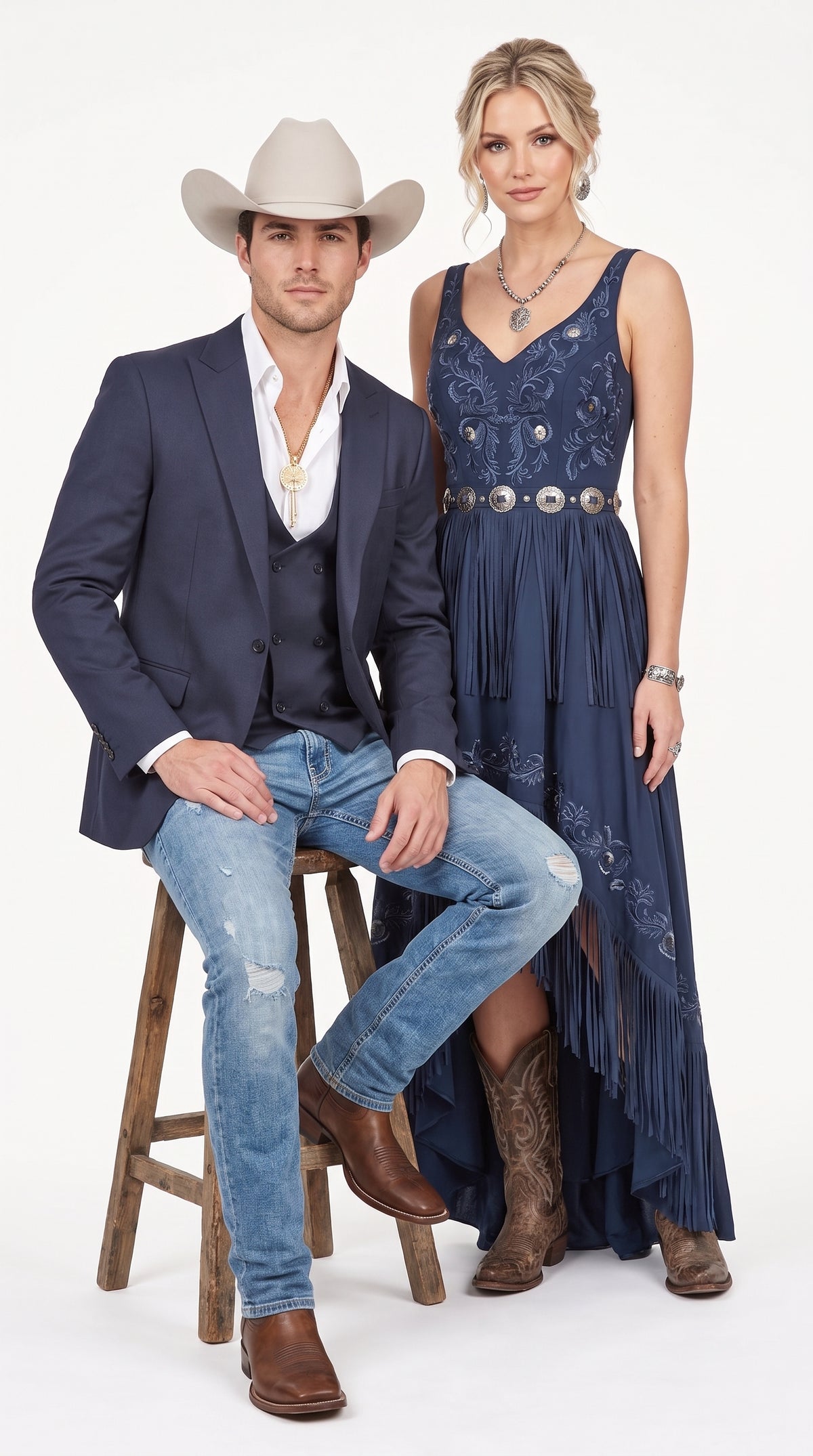 Men’s Navy Western Suit Blazer with Double Breasted Vest, Modern Cowboy Formal Outfit