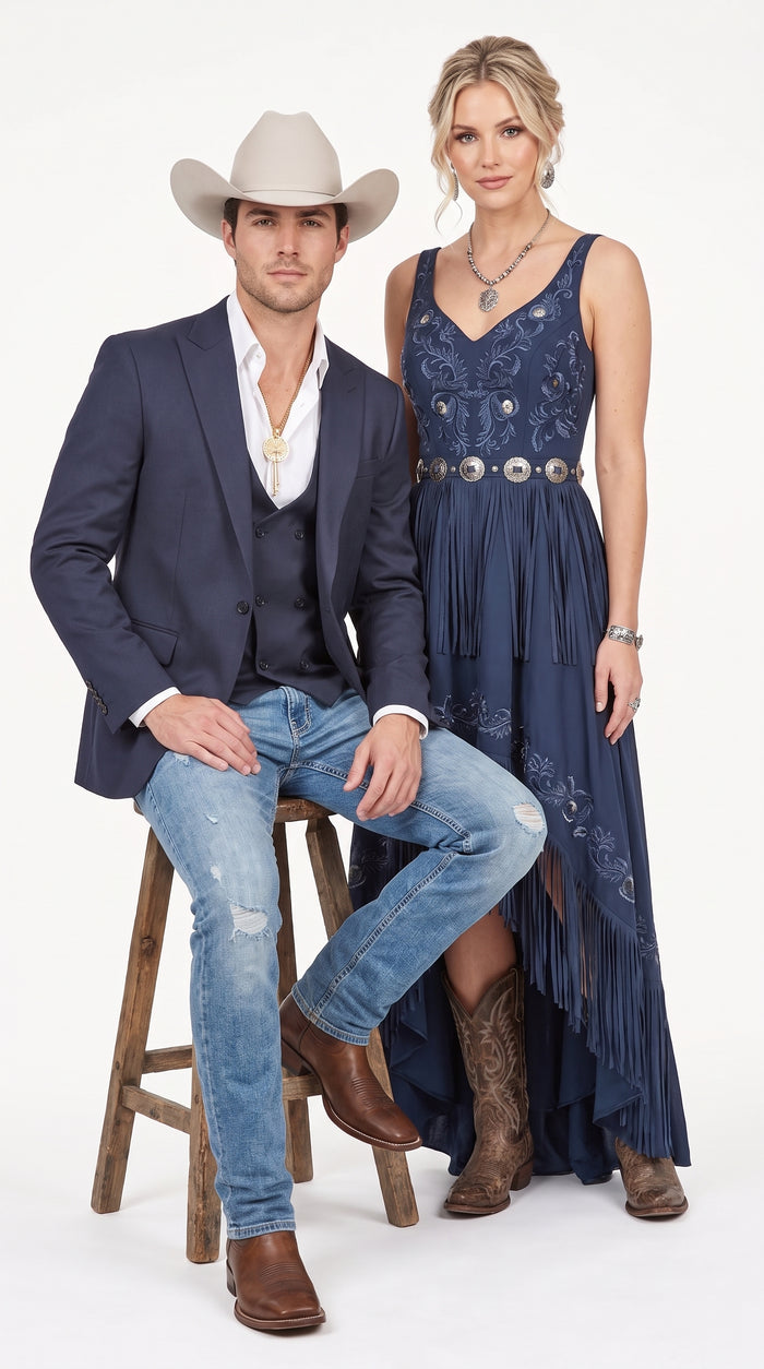 Men’s Navy Western Suit Blazer with Double Breasted Vest, Modern Cowboy Formal Outfit