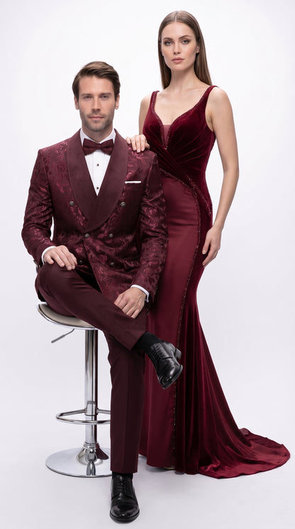 Men’s Burgundy Floral Jacquard Tuxedo Dinner Jacket, Paisley Velvet Lapel Formal Wedding Prom Blazer
