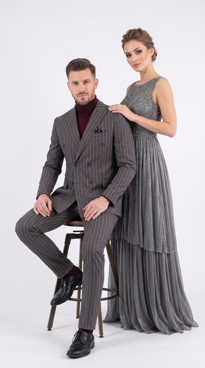 Newbury Men’s Gray Pinstripe Double Breasted Suit, Peak Lapel Formal Wedding Business Suit