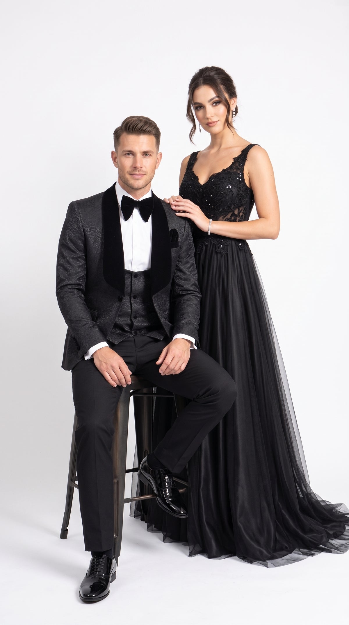 Rossi Man RM1446 Men’s Black Floral Jacquard 3 Piece Smoking Tuxedo Suit, Velvet Shawl Lapel Wedding Prom Suit