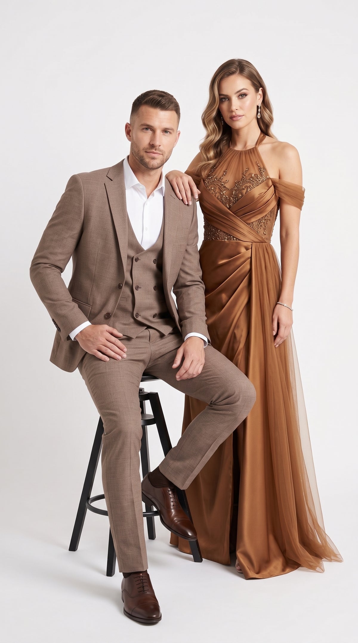 Men’s Dark Tan Mocha 3 Piece Wedding Suit, Double Breasted Vest Formal Groom and Groomsmen Suit