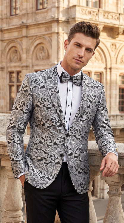 Men’s Silver Grey & Black Paisley Dinner Jacket – Formal Tuxedo Blazer