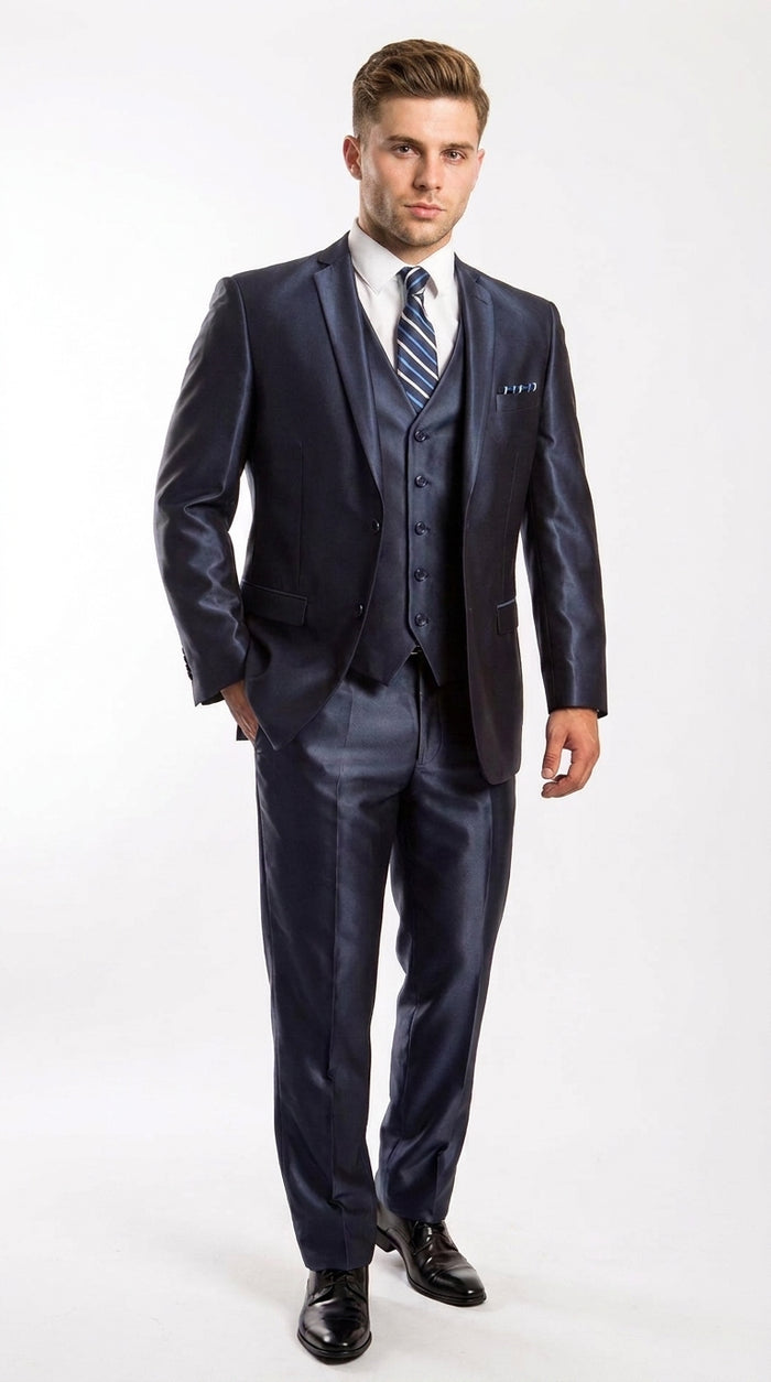Men’s Navy Shiny Sharkskin Vested Suit, Tazio Formal Wedding Prom Dress Suit