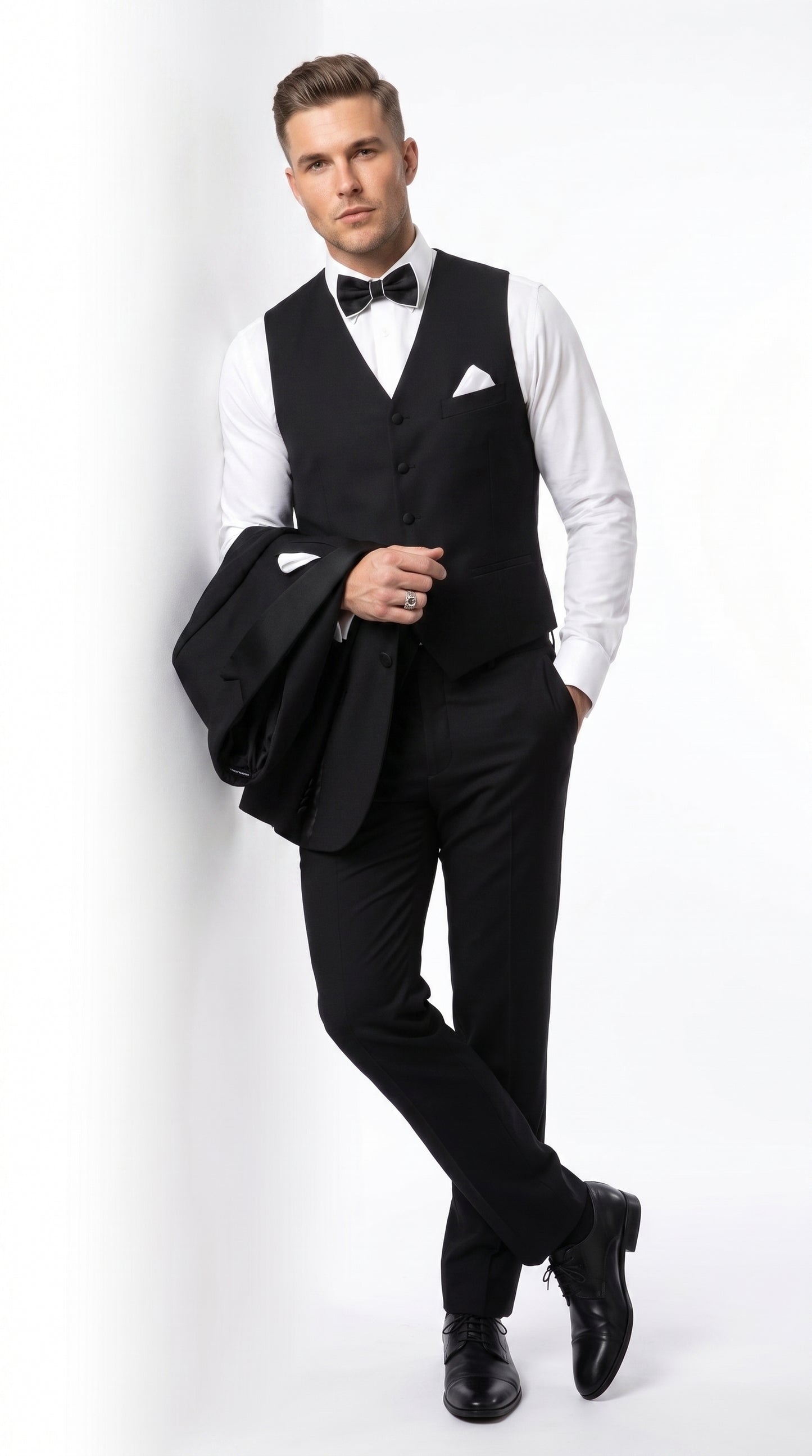 Men’s Black Great Gatsby Inspired Vested Tuxedo, Leonardo DiCaprio Style Formal Wedding Prom Suit