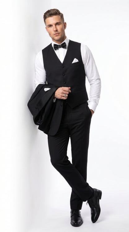 Men’s Black Great Gatsby Inspired Vested Tuxedo, Leonardo DiCaprio Style Formal Wedding Prom Suit