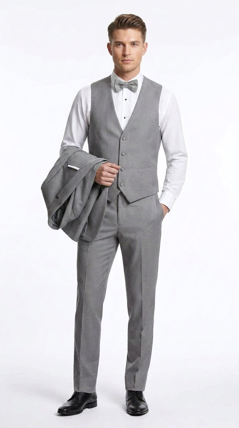Men’s Light Grey Wedding Tuxedo Suit, Designer Formal Prom Groom Suit with Satin Trim