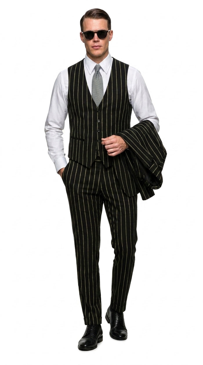Men’s Black Gangster Pinstripe Suit, 2 Button Vintage 1920s Formal Dress Suit