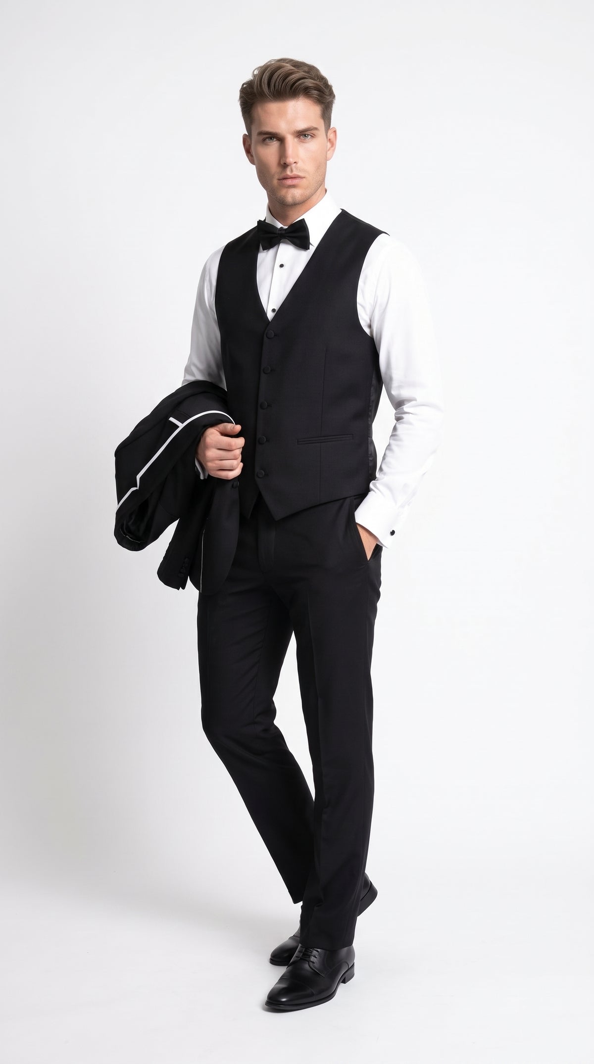 Men's Statement Suits Black 3-Piece Fashion Tuxedo – White Piping Shawl Lapel Wedding, Prom & Formal Dinner Suit