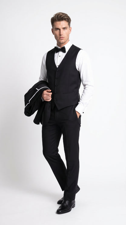Men's Statement Suits Black 3-Piece Fashion Tuxedo – White Piping Shawl Lapel Wedding, Prom & Formal Dinner Suit