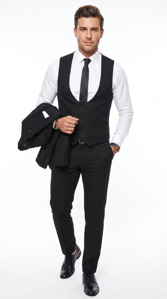 Men’s Black 2 Button Suit with Double Breasted Vest, White Shirt and Black Tie Formal Set