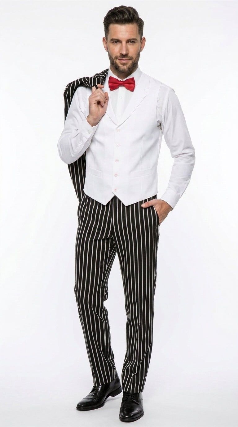 Men’s Black 1920s Bold Pinstripe Gangster Suit with Vest, Vintage Formal Party Dress Suit
