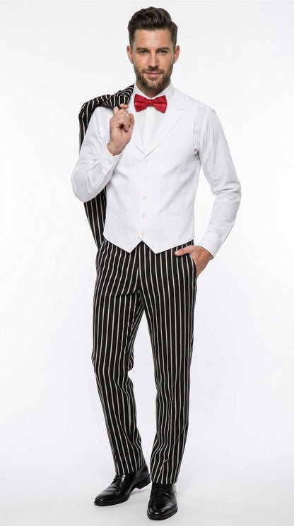 Men’s Black 1920s Bold Pinstripe Gangster Suit with Vest, Vintage Formal Party Dress Suit