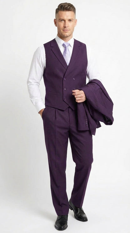 Men’s Purple Two Button Fashion Suit with Double Breasted Vest, Formal Wedding Prom Dress Suit