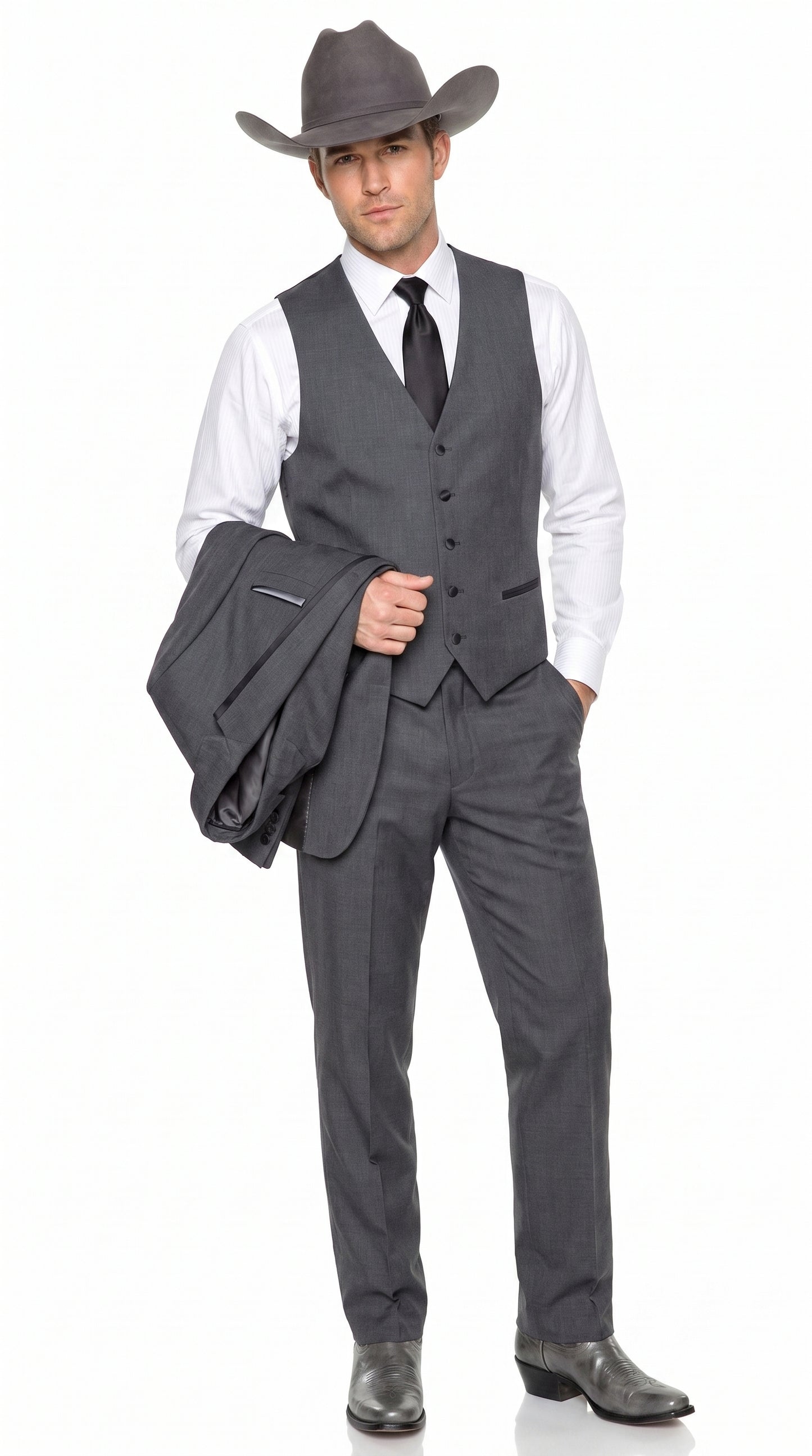 Men’s Charcoal Gray Western Tuxedo Suit, Cowboy Formal Trim Collar Jacket and Pants
