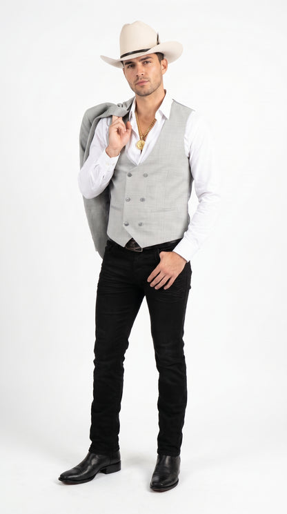 Men’s Light Gray Western Suit Blazer with Double-Breasted Vest – Modern Cowboy Formal Outfit