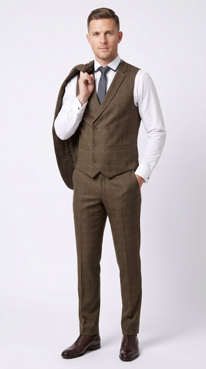 Men’s Taupe Brown Plaid 3 Piece Suit, Double Breasted Vest V2RW-13 Formal Wedding Suit
