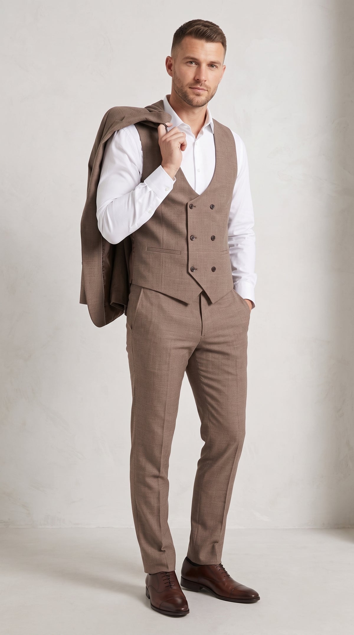 Men’s Dark Tan Mocha 3 Piece Wedding Suit, Double Breasted Vest Formal Groom and Groomsmen Suit